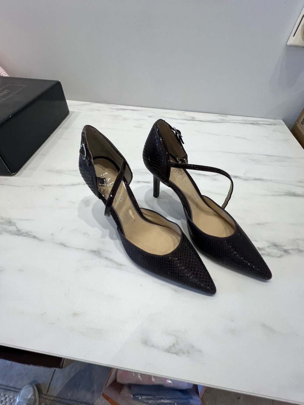 Lauren Ralph Lauren Black Textured Pointed-Toe Ankle-Strap Heels